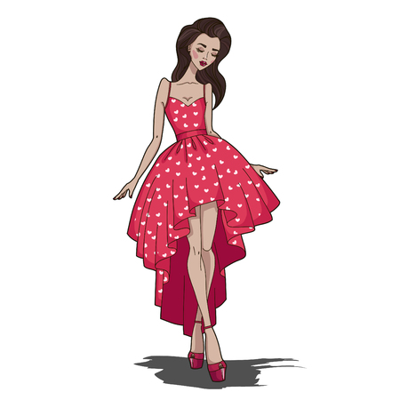 Fashion girl in a sexy black dress. Elegant sensual young woman in beautiful red dress. Vector illustration.のイラスト素材