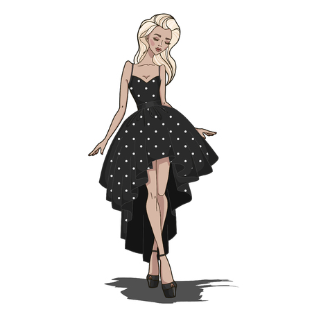 Fashion girl in a sexy black dress. Elegant sensual young woman in beautiful black dress. Vector illustration.のイラスト素材