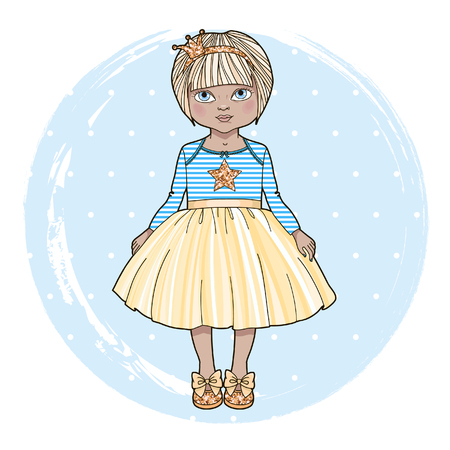 Sweet little girl. Cartoon character. Cute little princess with glitter crown headband. Vector illustration.のイラスト素材
