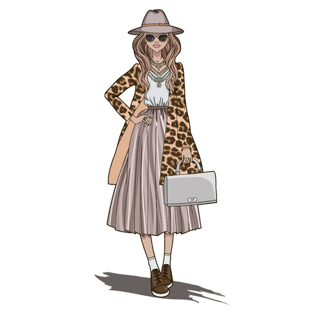 Fashion girl. Beautiful young girl in leopard print coat and gray bag in her hands. Vector illustration.のイラスト素材