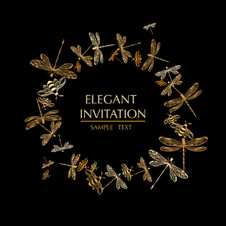 Vector round frame with dragonflies. Vector illustration.のイラスト素材