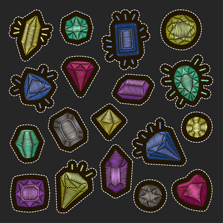 Fashion patch badges embroidery set: gems and diamonds in different colors. Vector trendy illustration.のイラスト素材