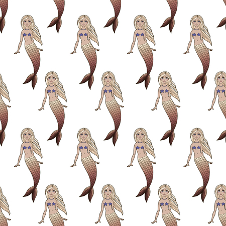 Cute mermaids girls seamless pattern on white background. Vector sea background. Cartoon underwater vector illustration. Design for fabric, textile, decor.のイラスト素材