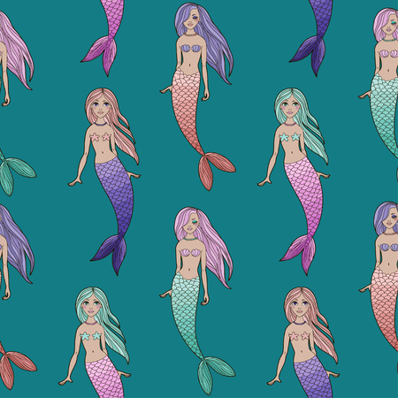 Cute mermaids girls seamless pattern on green background. Vector sea background. Cartoon underwater vector illustration. Design for fabric, textile, decor.のイラスト素材