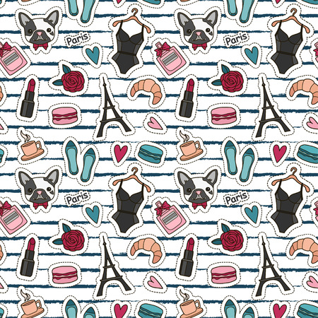 Cute fashion seamless pattern with patch badges: hearts, Eiffel tower, flower, macaroons, lingerie, lipstick, bulldog, perfume, shoes, croissant, cup of coffee. Vector trendy illustration.のイラスト素材