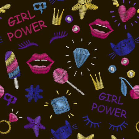 Cute fashion seamless pattern with patch badges: lips, heart, eyes, ring, star, cat, lashes, ice cream, sequins. Vector patch badges embroidery set.のイラスト素材