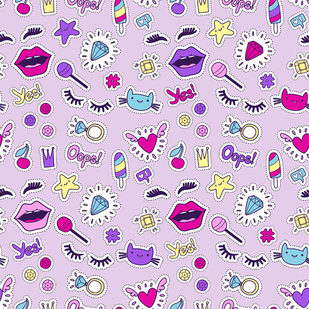 Cute fashion seamless pattern with patch badges: lips, heart, eyes, ring, star, cat, lashes, ice cream, sequins. Vector trendy illustration.のイラスト素材