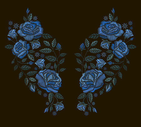 Vector design for collar t-shirts and blouses. Colorful ethnic flowers neck line. Embroidery for Fashion. Red roses embroidery on black background.のイラスト素材