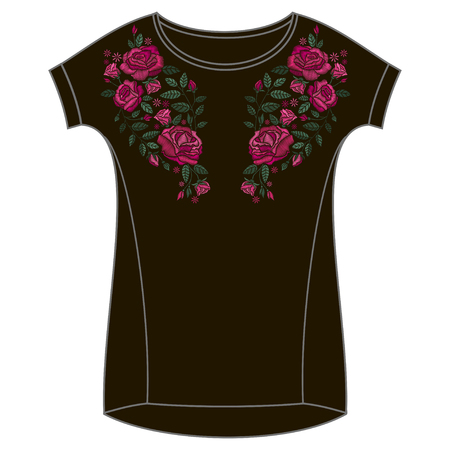 Vector design for collar t-shirts and blouses. Colorful ethnic flowers neck line. Embroidery for Fashion.のイラスト素材