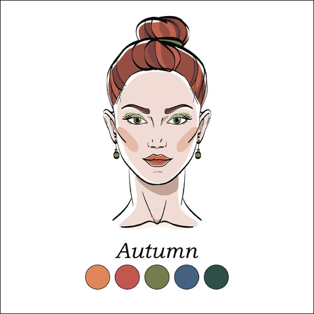 Seasonal color type for women. Young female face portrait, make up shades matching each type. Vector illustration. Color template.のイラスト素材