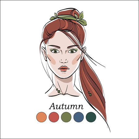 Seasonal color type for women. Young female face portrait, make up shades matching each type. Vector illustration. Color template.のイラスト素材