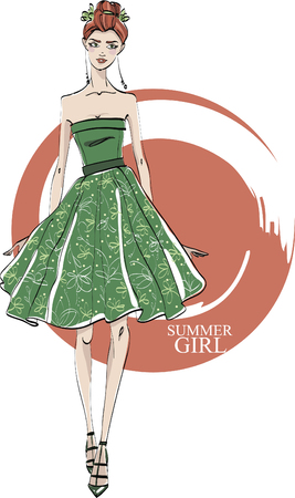 Fashionable girl in green dress. Vector.のイラスト素材