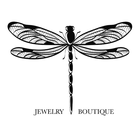 Vector logotype for jewelry boutique, store, shop. Elegant dragonfly silhouette at white background. Outline of dragonfly. Can be used for postcard, print, logo, poster, label.のイラスト素材