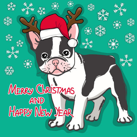 Christmas and Happy New Year card. Abstract card with cute french bulldog in santa hat and wishing text on green background. Vector illustration.のイラスト素材