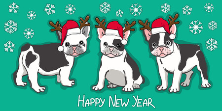 Happy New Year card. Abstract card with cute french bulldog in santa hat and wishing text on green background. Vector illustrationのイラスト素材