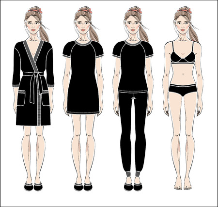 Set of women's homewear, sleepwear and underwear. Bathrobe, nightgown, pajama and lingerie on female figure. Vector illustration.のイラスト素材