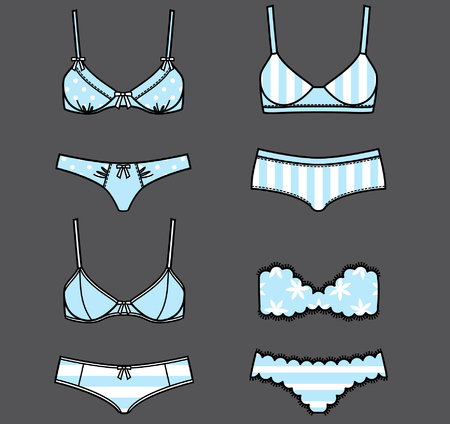 Female underwear isolated on gray background. Fashion sets with different styles of bra and woman panties. Styles of isolated vector lingerie. Vector illustration.のイラスト素材