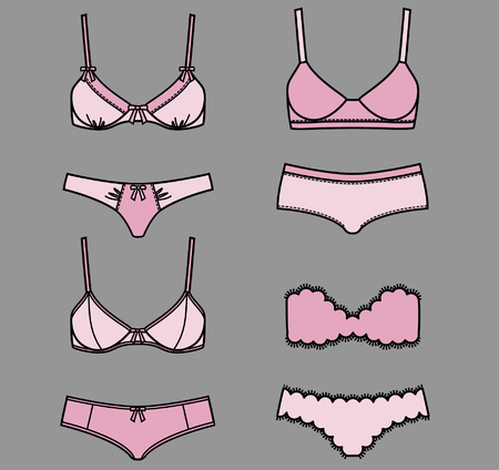 Female underwear isolated on gray background. Fashion sets with different styles of bra and woman panties. Styles of isolated vector lingerie. Vector illustration.のイラスト素材
