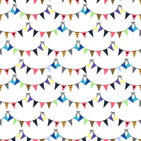 Seamless pattern with triangular flags. Vector pattern with bunting on white background. Holiday background for web design, greeting card and party decoration.のイラスト素材