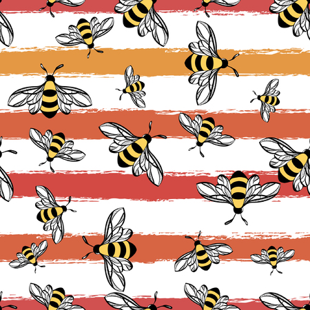Seamless pattern with color grunge stripes and bumblebees. Vector illustrationのイラスト素材