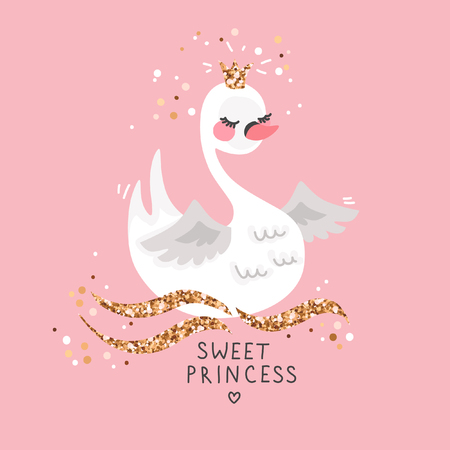 Sweet princess swan on pink background. Cartoon hand drawn vector illustration. Can be used for fashion print design, greeting and invitation card.のイラスト素材