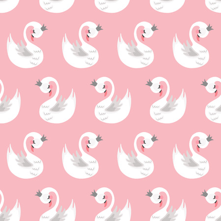Seamless swan princess pattern. Cute princess swan. Cartoon hand drawn vector illustration.のイラスト素材