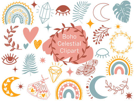 Boho Celestial Clipart. Vector Doodle illustration.のイラスト素材