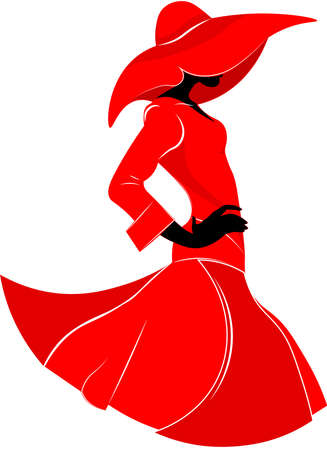 Red silhouette of beautiful girl in dress and hat in fashion style, on isolated white background.のイラスト素材