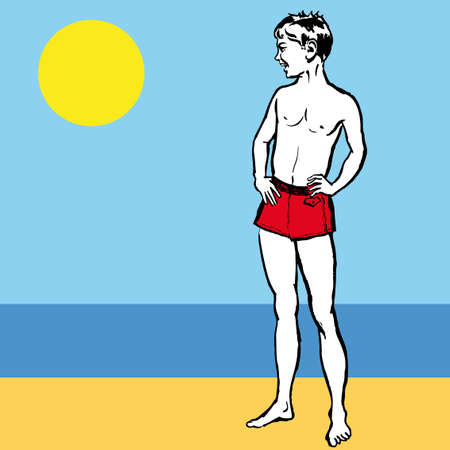 illustration of a young boy on a beach looking out to sea のイラスト素材