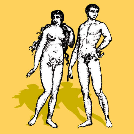Adam and Eva cartoon vector illustration retro God creationのイラスト素材