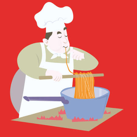 An illustration of a man cooking/baking spaghetti. Vector cartoon.のイラスト素材