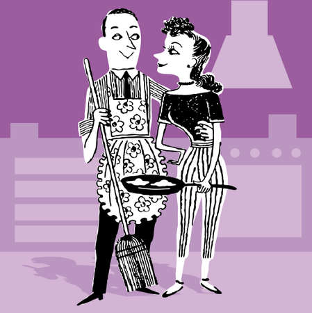 Housewife family cooking. Colour vector illustration of new happy family.のイラスト素材