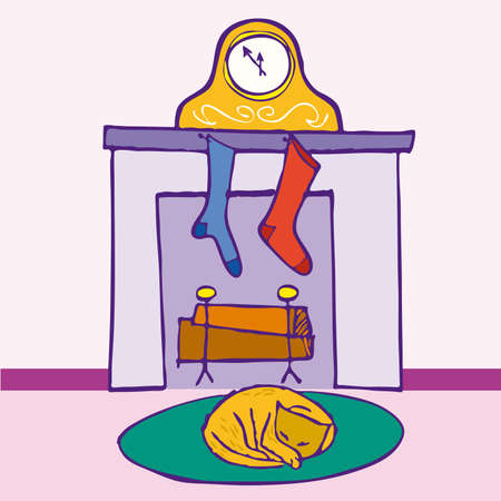 Christmas night. fireplace with christmas concept. cartoon illustration. のイラスト素材