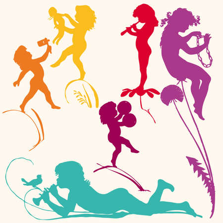 Angel Cherub valentine cupid set silhouettesのイラスト素材