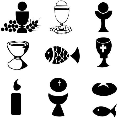 Set of Illustration of a communion depicting traditional Christian symbols including candle (light), chalice, grapes (wine), ear, cross and bread のイラスト素材