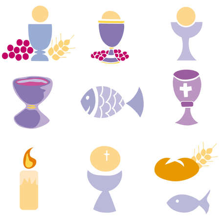 Set of Illustration of a communion depicting traditional Christian symbols including candle (light), chalice, grapes (wine), ear, cross and bread のイラスト素材