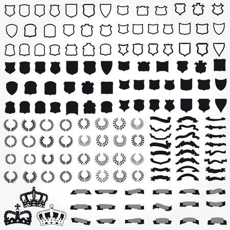 Vector set Heraldic symbols shields ribbons crowns Vector set Heraldic symbols shields ribbons crowns