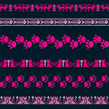 Knitted animals cats seamless pattern set borders pixelsのイラスト素材