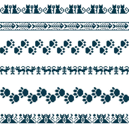 Knitted animals cats seamless pattern  set borders pixelsのイラスト素材