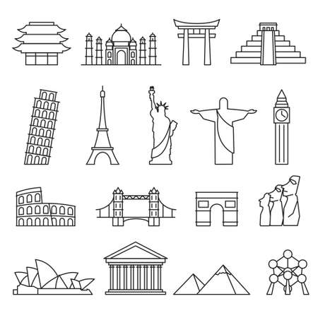 World landmarks outline icons, abstract vector setのイラスト素材
