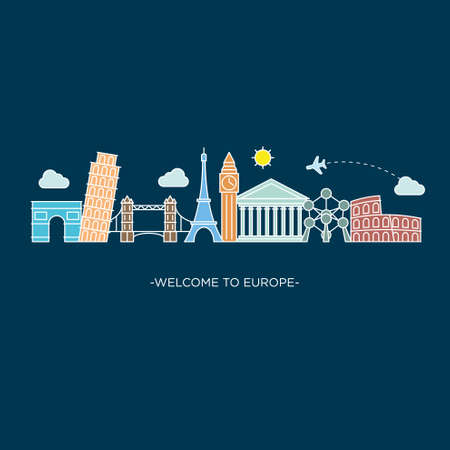 Europe skyline detailed silhouette. Vector background. line illustration. Line art styleのイラスト素材