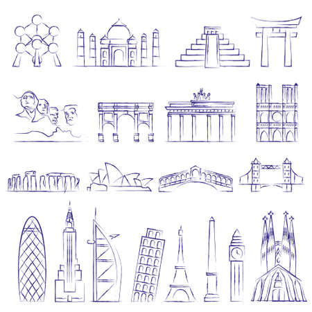World landmarks outline icons, abstract vector setのイラスト素材