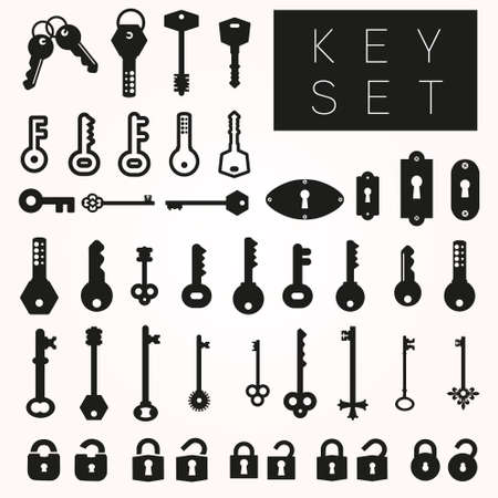 Set of keyholes, modern keys, old keys and locks decorative icons. Vector illustration.のイラスト素材