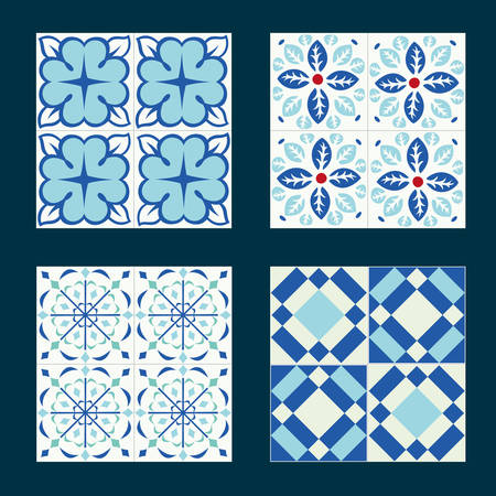 Set of vintage ceramic tiles in tile design with blue patternsのイラスト素材