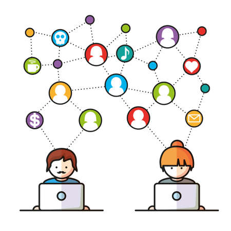 Social Media, people with computers network vector illustrationのイラスト素材