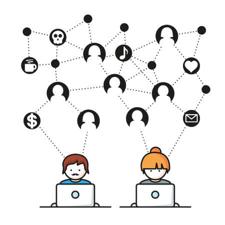 Social Media, people with computers network vector illustration