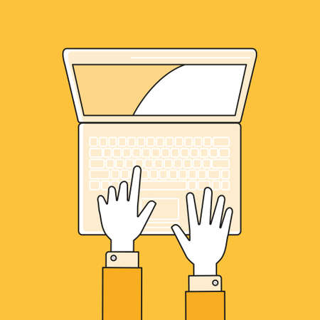 Hands with laptop. Flat linear style illustration.のイラスト素材