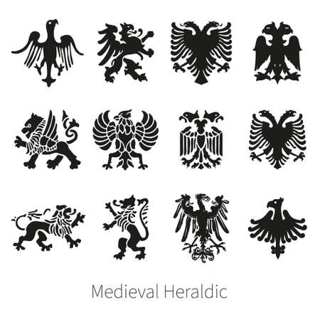 Set Heraldic Medieval vector lion, griffin and eagle illustration.のイラスト素材