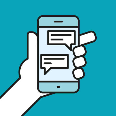 Hand holding smartphone chatting linear icon line vector illustration. Smartphone chat app symbol.