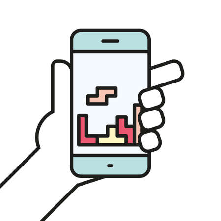 Hand holding smartphone linear gaming icon line vector illustration. Smartphone play game app symbol.のイラスト素材